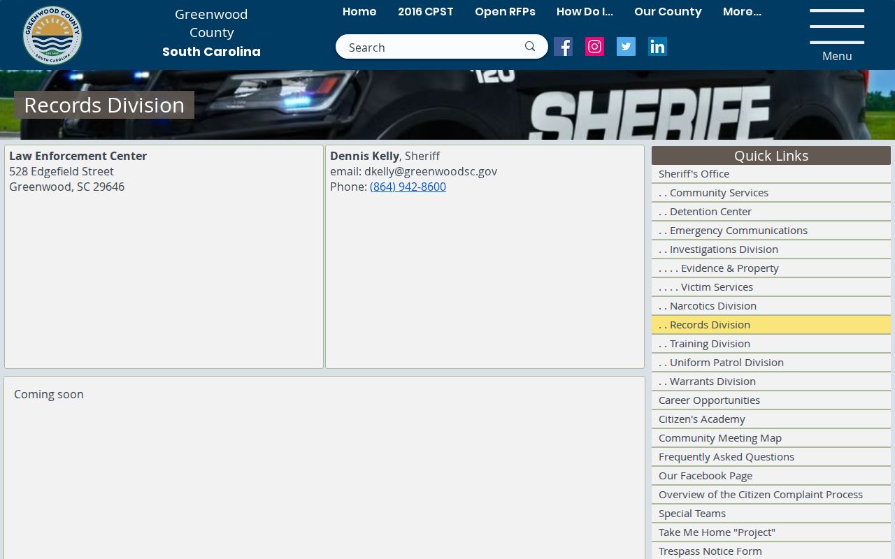Greenwood County arrest record request contact for the Sheriff's Records Division