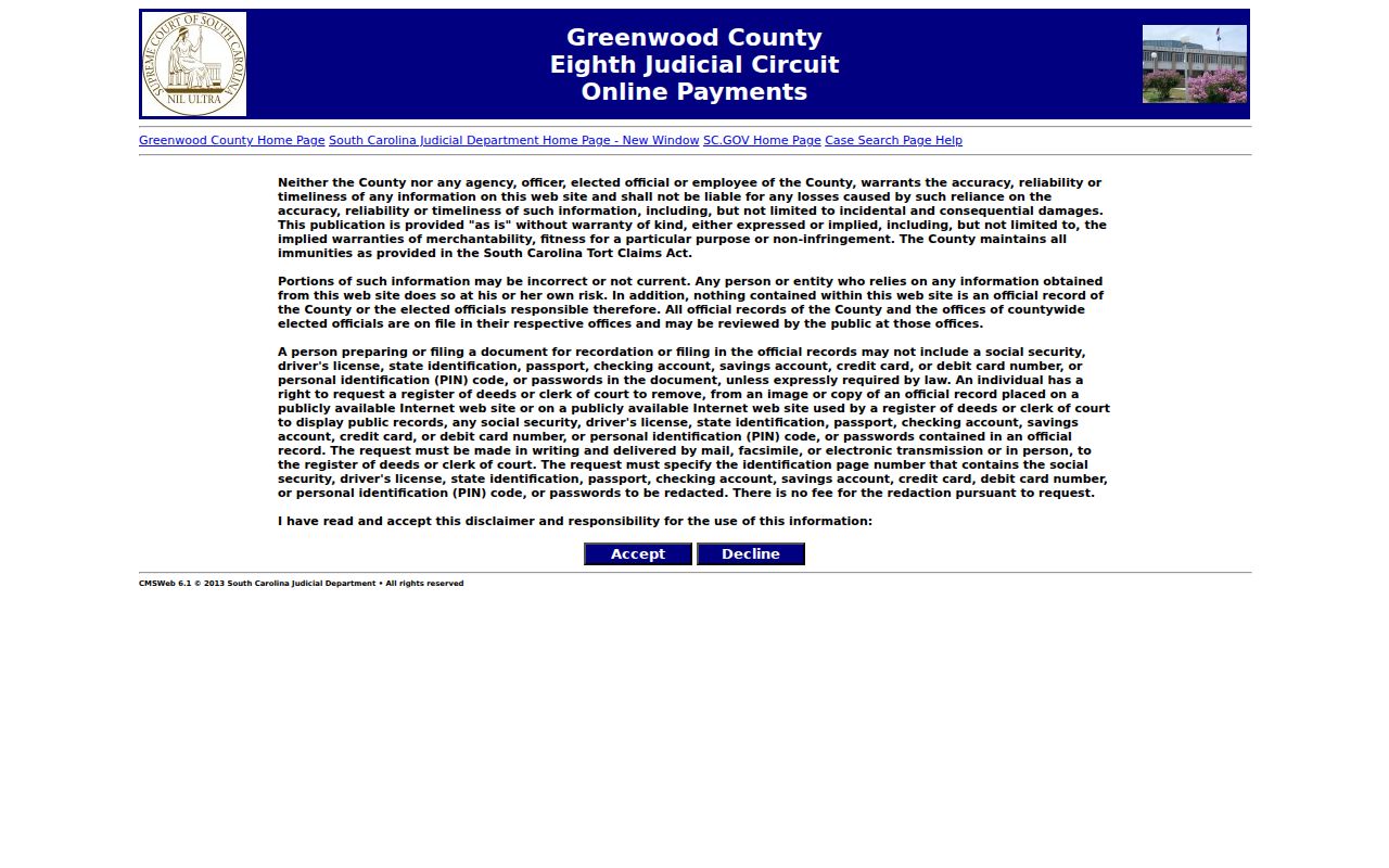 Greenwood County criminal court case payment interface