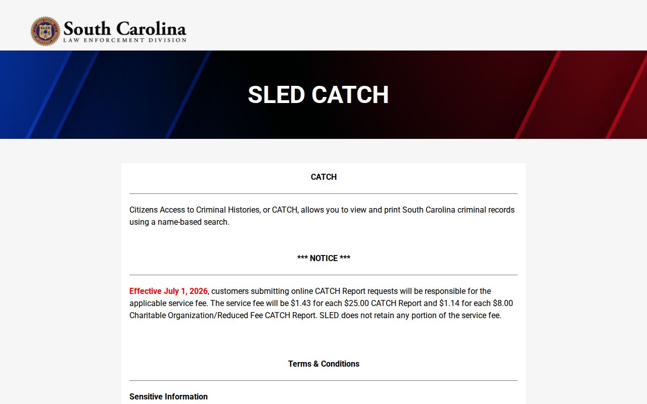 Greenwood County criminal history search through SLED CATCH terms