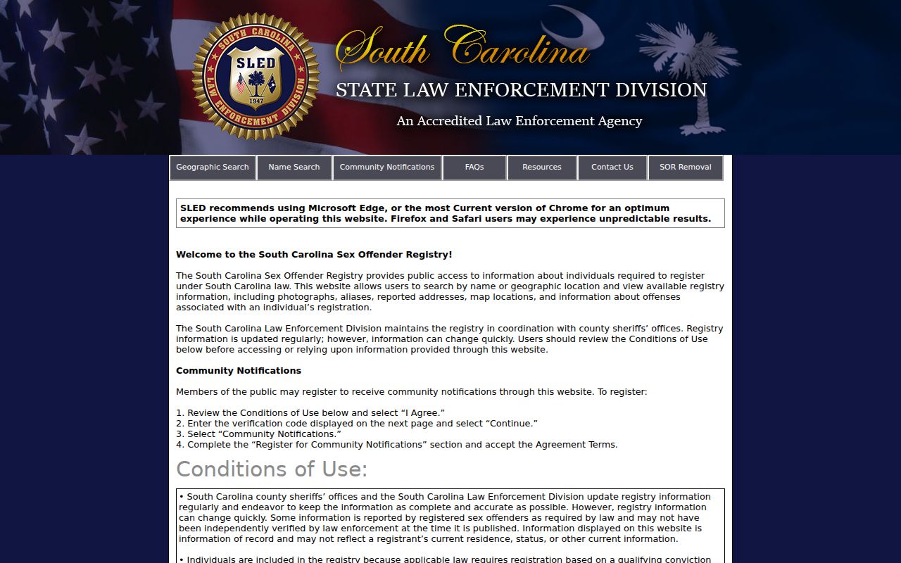 Greenwood County sex offender registry conditions and search entry